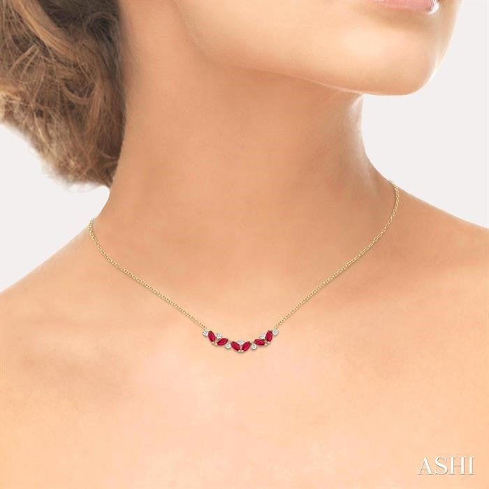 Modern Yet Classic Ruby and Zig-Zag Diamond Necklace in 14K Yellow Gold