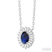 Princess Di Inspired Sapphire and Baguette Diamond Halo Pendant in 14K White Gold