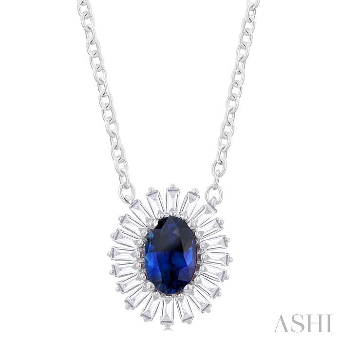Princess Di Inspired Sapphire and Baguette Diamond Halo Pendant in 14K White Gold