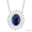 Princess Di Inspired Sapphire and Baguette Diamond Halo Pendant in 14K White Gold
