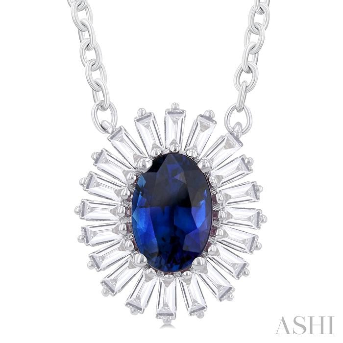 Princess Di Inspired Sapphire and Baguette Diamond Halo Pendant in 14K White Gold