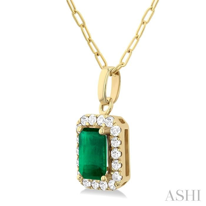 Bold Design Emerald and 1/6ct Diamond Halo Pendant in 10K Yellow Gold
