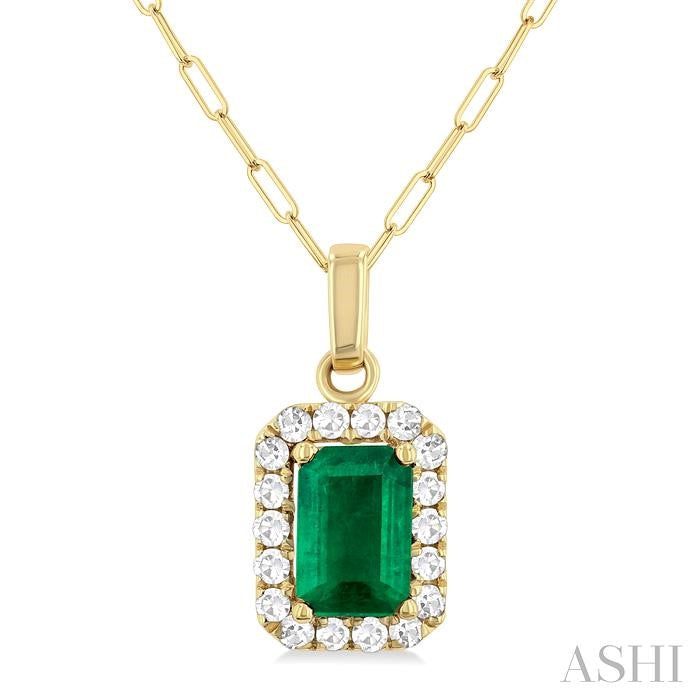 Bold Design Emerald and 1/6ct Diamond Halo Pendant in 10K Yellow Gold