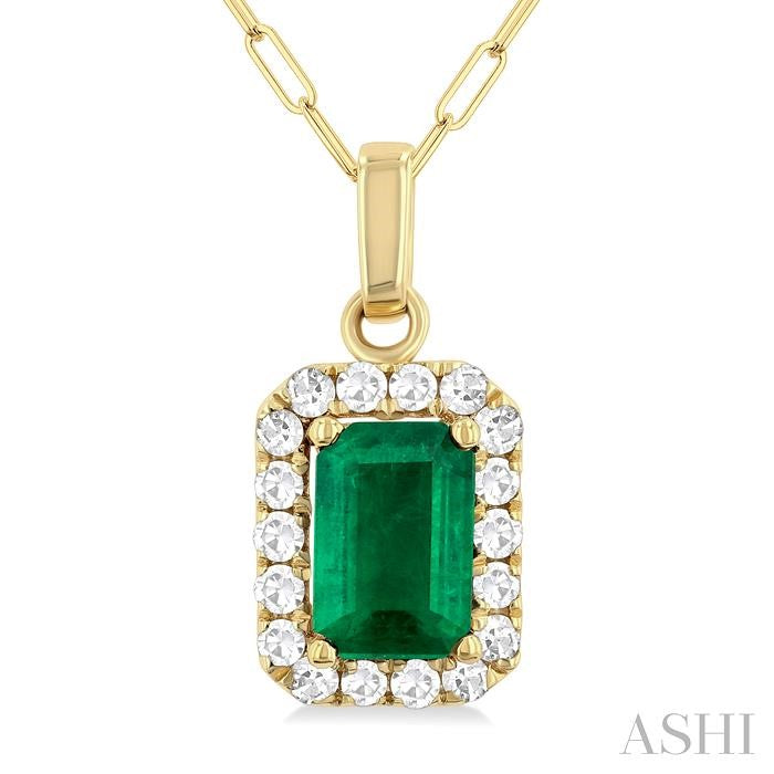Bold Design Emerald and 1/6ct Diamond Halo Pendant in 10K Yellow Gold