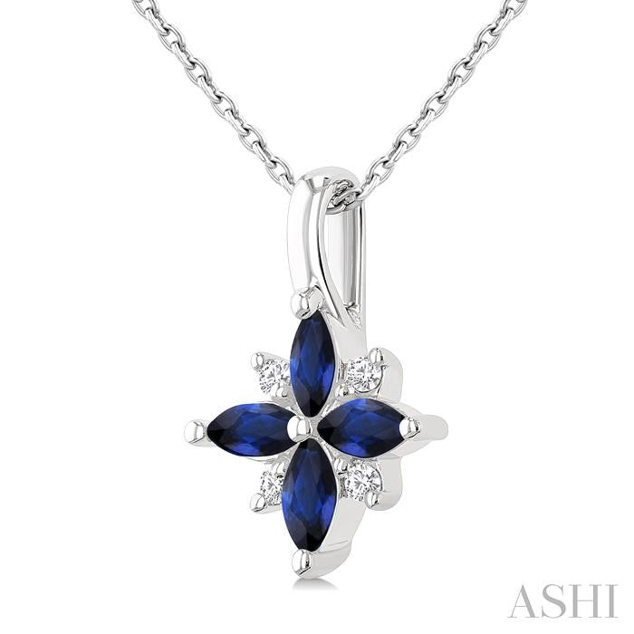 Striking Sapphire and Diamond Blossom Pendant in 10K White Gold