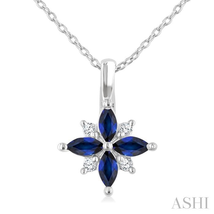 Striking Sapphire and Diamond Blossom Pendant in 10K White Gold