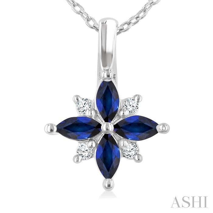 Striking Sapphire and Diamond Blossom Pendant in 10K White Gold