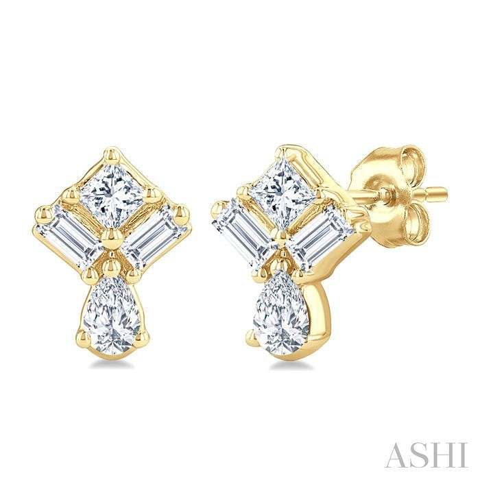 Exquisite Mixed Cut Diamond Fashion Earrings in 14K Yellow Gold