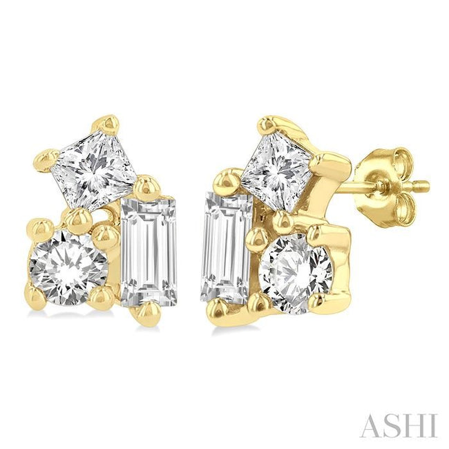Lovely 1/6ct Petite Tri-Stone Scatter Diamond Fashion Stud Earring in 10K Yellow Gold