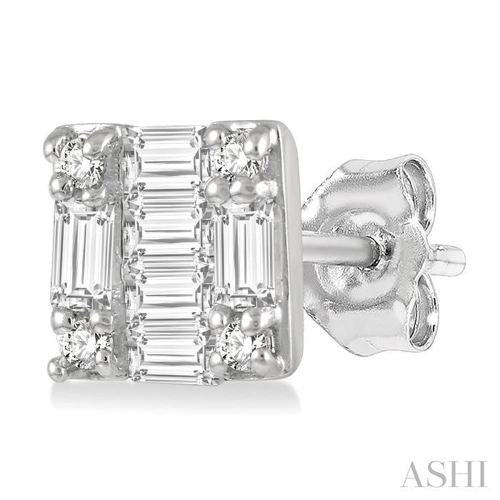 1/6ct Baguette and Round Diamond Petite Fashion Earring in 10K White Gold