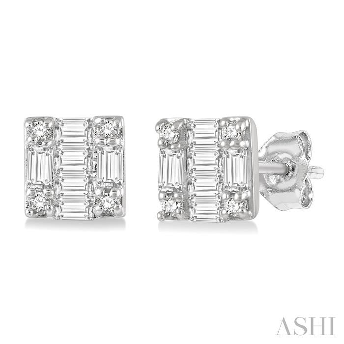 1/6ct Baguette and Round Diamond Petite Fashion Earring in 10K White Gold