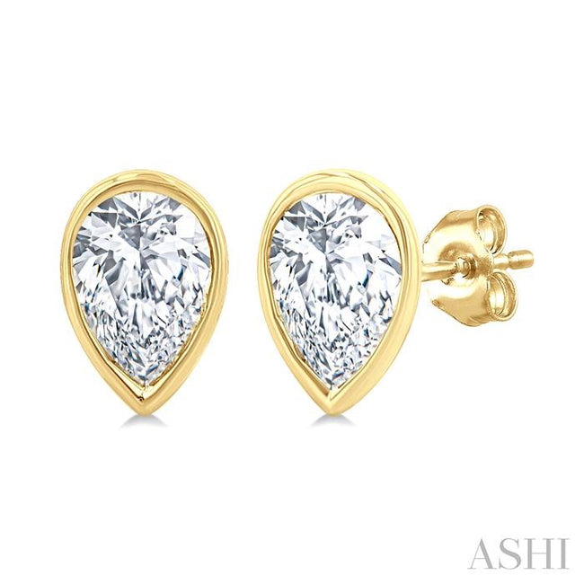 Petite Bezel Set Pear Shape Diamond Fashion Stud Earrings in 10K Yellow Gold