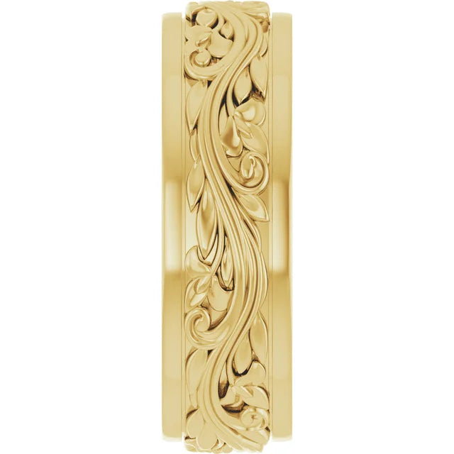 14K Yellow Gold 7 mm Floral Inlay Flat Band Size 10