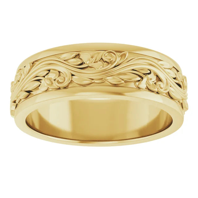 14K Yellow Gold 7 mm Floral Inlay Flat Band Size 10