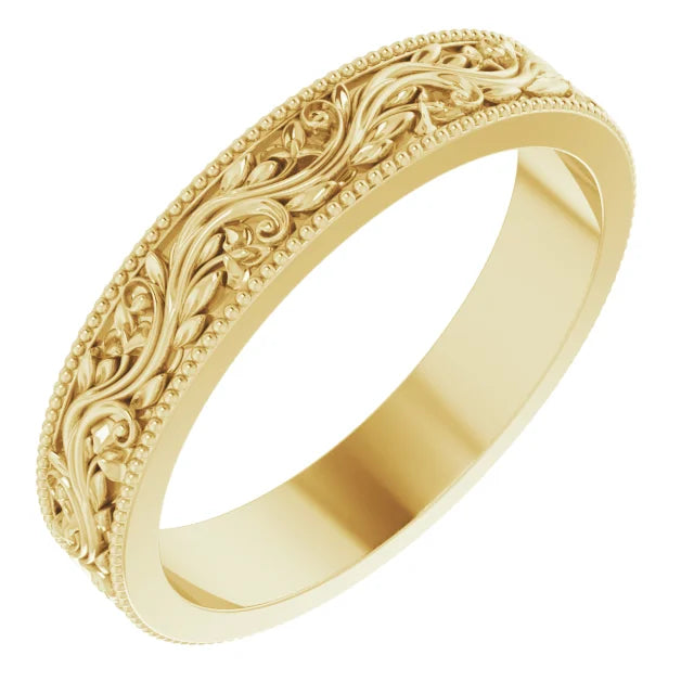14K Yellow Gold 4 mm Milgrain Edge Floral Band
