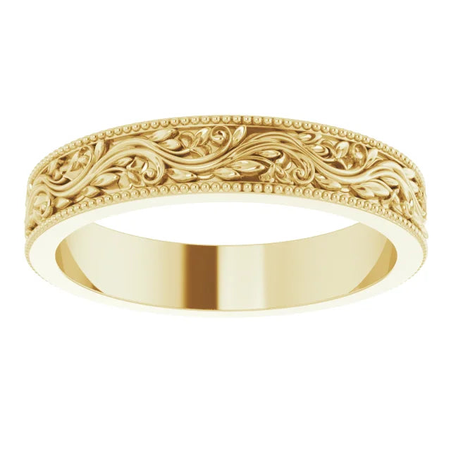 14K Yellow Gold 4 mm Milgrain Edge Floral Band