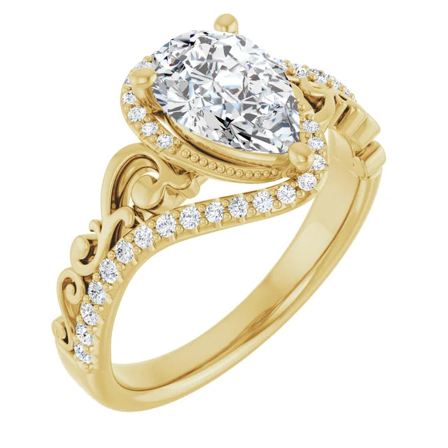 14k Pear Shape Vintage Inspired Diamond Ring 