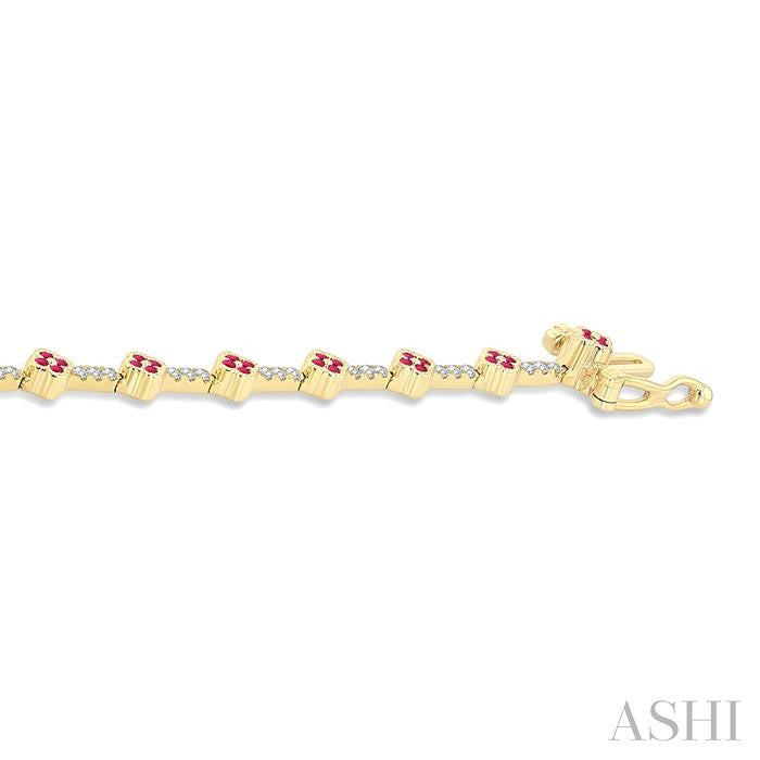 Sparkling Ruby and Diamond Clover Leaf Bracelet in 14K Yellow Gold