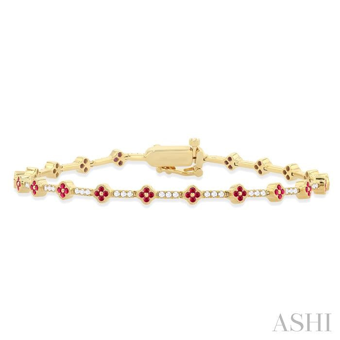 Sparkling Ruby and Diamond Clover Leaf Bracelet in 14K Yellow Gold
