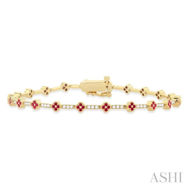 Sparkling Ruby and Diamond Clover Leaf Bracelet in 14K Yellow Gold