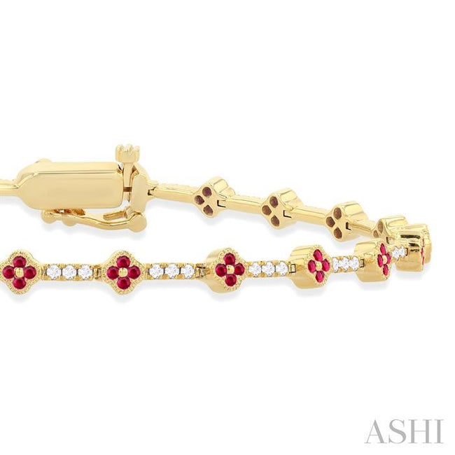 Sparkling Ruby and Diamond Clover Leaf Bracelet in 14K Yellow Gold