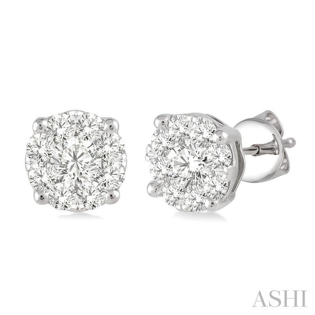 1 Ct Round Cut Lovebright Diamond Stud Earrings in 14K White Gold