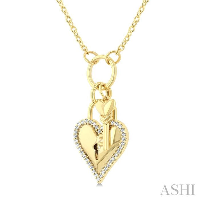 Heart Lock & Key Charm 1/6ct Diamond Fashion Pendant in 10K Yellow Gold