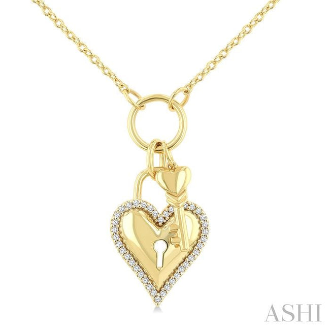 Heart Lock & Key Charm 1/6ct Diamond Fashion Pendant in 10K Yellow Gold