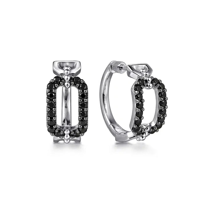 Sterling Silver Black Spinel Bujukan Link Chain Earrings with Screw Back