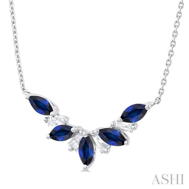 Sapphire and Baguette Cut Diamond Precious Gemstone Necklace in 14K White Gold