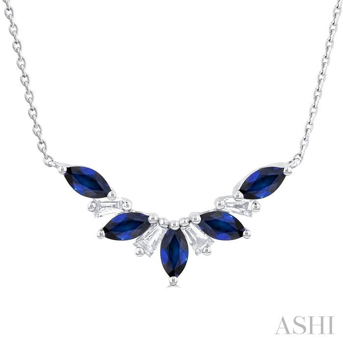 Sapphire and Baguette Cut Diamond Precious Gemstone Necklace in 14K White Gold