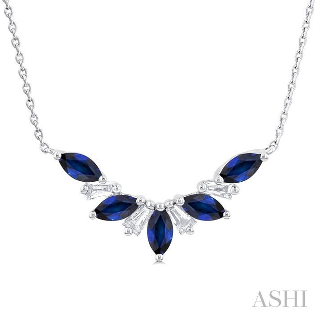 Sapphire and Baguette Cut Diamond Precious Gemstone Necklace in 14K White Gold