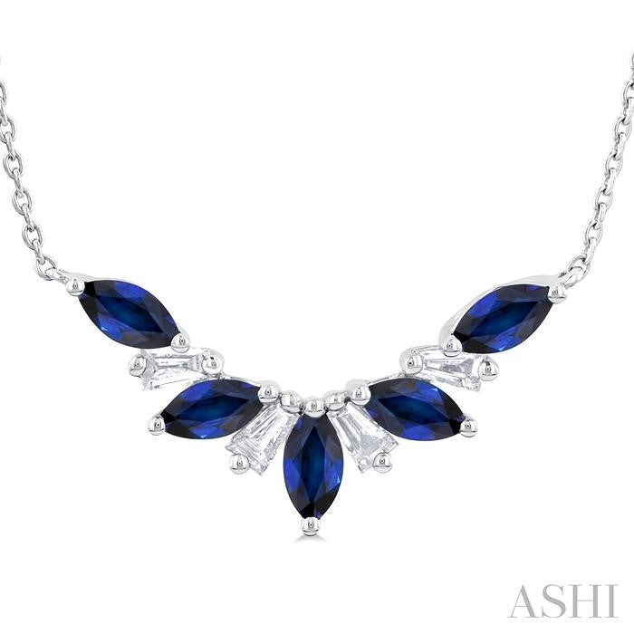 Sapphire and Baguette Cut Diamond Precious Gemstone Necklace in 14K White Gold