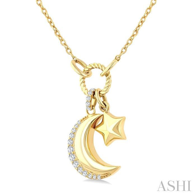 Crescent Moon & Star Charm 1/8ct Diamond Fashion Pendant 10K Yellow Gold