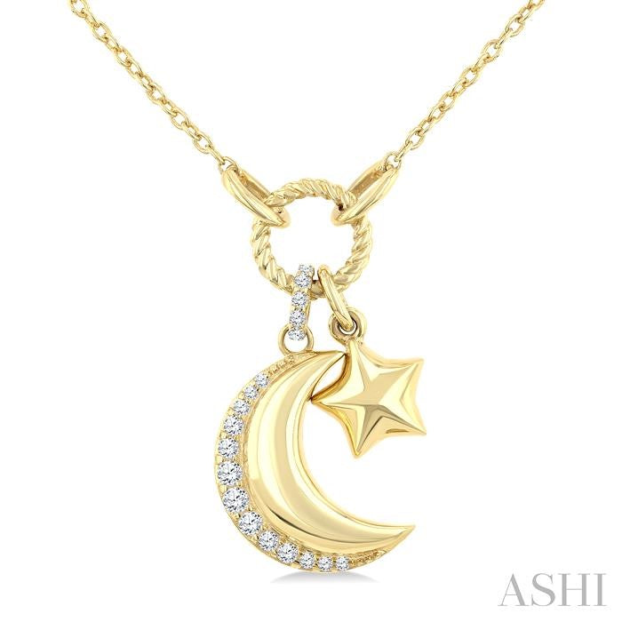 Crescent Moon & Star Charm 1/8ct Diamond Fashion Pendant 10K Yellow Gold