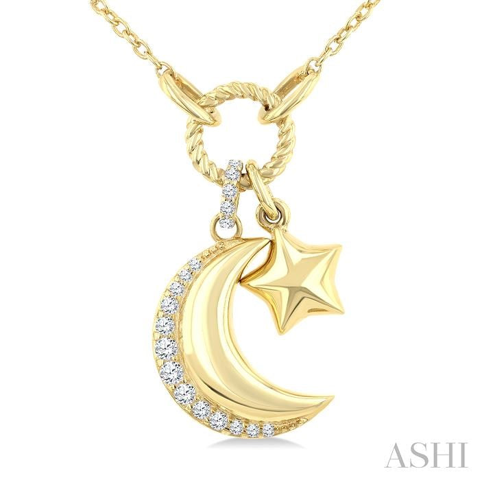 Crescent Moon & Star Charm 1/8ct Diamond Fashion Pendant 10K Yellow Gold