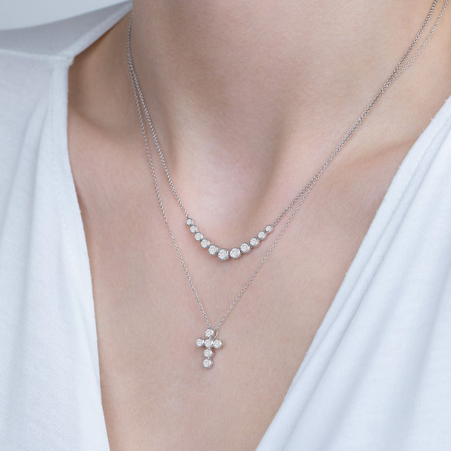 Round Cut Diamond 6-Stone Bezel Set Cross Pendant With Chain in 14K White Gold