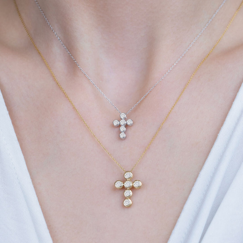 Round Cut Diamond 6-Stone Bezel Set Cross Pendant With Chain in 14K White Gold