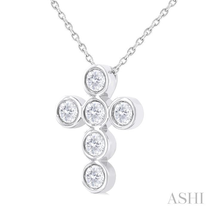  Diamond 6-Stone Bezel Set Cross Pendant With Chain in 14K White Gold