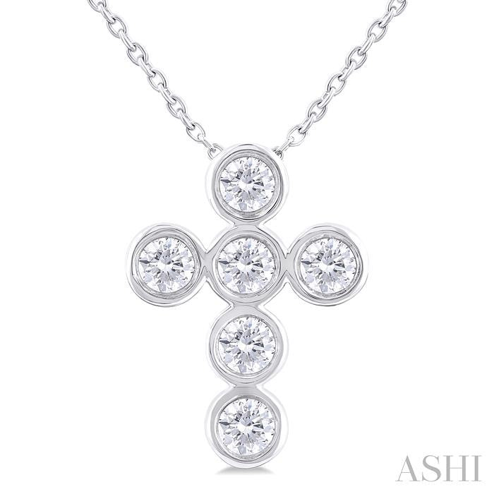 Round Cut Diamond 6-Stone Bezel Set Cross Pendant With Chain in 14K White Gold