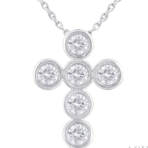  Diamond 6-Stone Bezel Set Cross Pendant With Chain in 14K White Gold