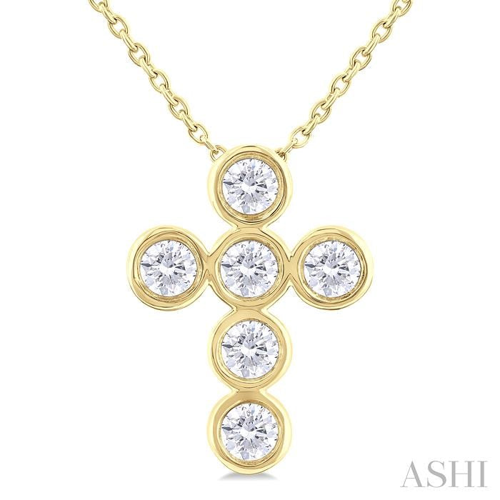 Round Cut Diamond 6-Stone Bezel Set Cross Pendant With Chain in 14K White Gold