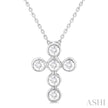 Round Cut Diamond 6-Stone Bezel Set Cross Pendant With Chain in 14K White Gold