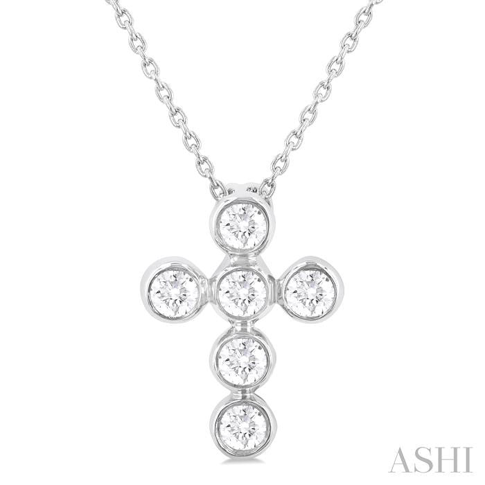 Round Cut Diamond 6-Stone Bezel Set Cross Pendant With Chain in 14K White Gold
