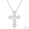 Round Cut Diamond 6-Stone Bezel Set Cross Pendant With Chain in 14K White Gold