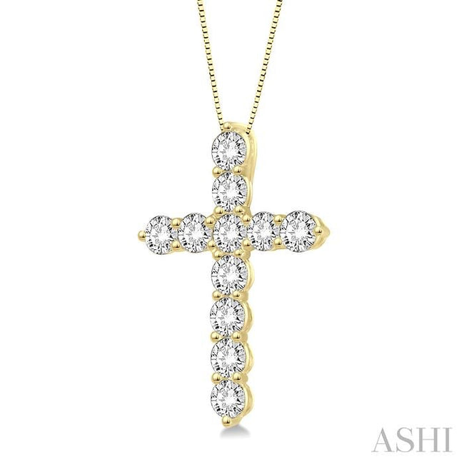 Elegant Round Cut Diamond Cross Pendant in 14K Yellow Gold