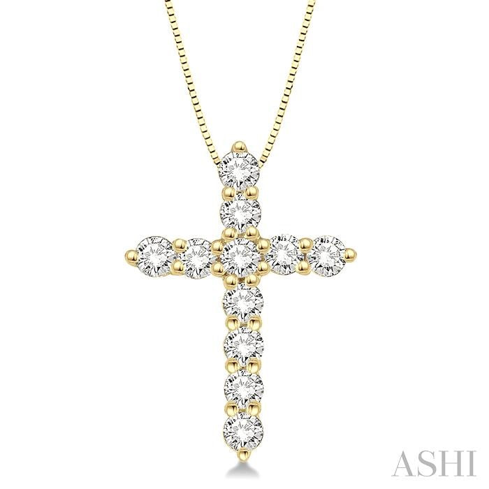 Elegant Round Cut Diamond Cross Pendant in 14K Yellow Gold