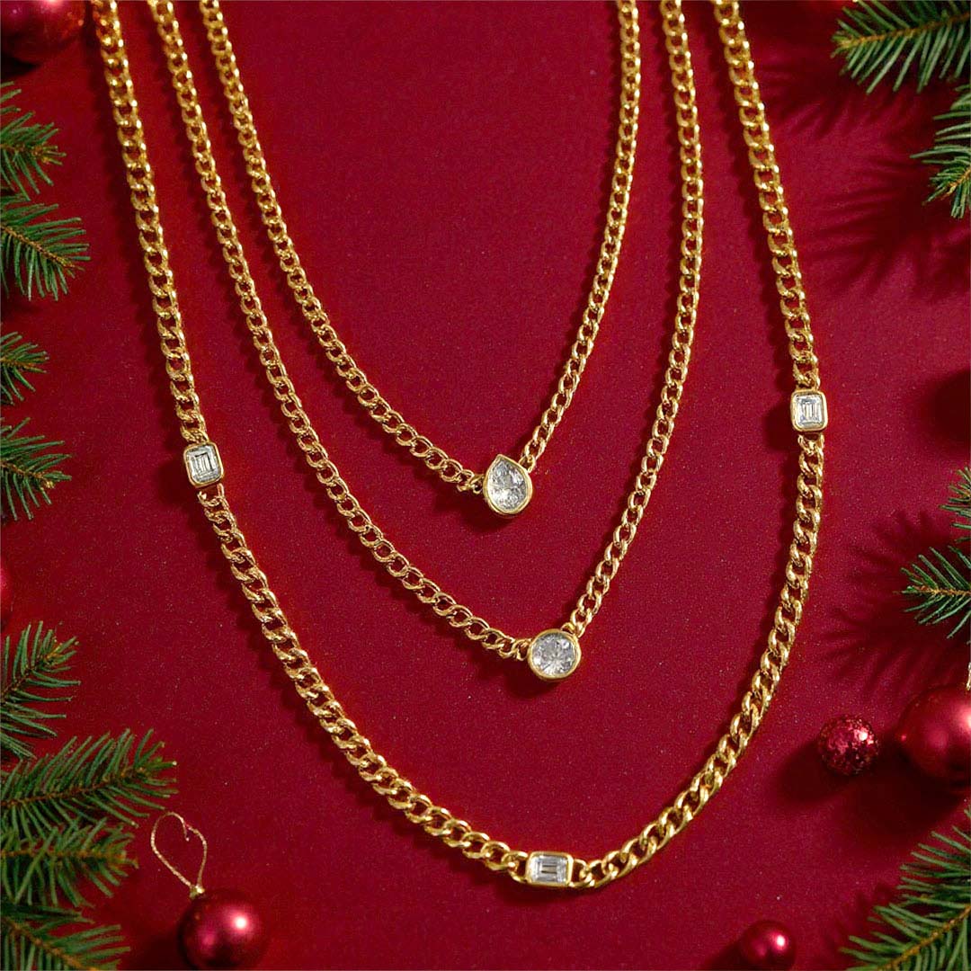 Round Shape Bezel Curb & Cuban Station Diamond Necklace