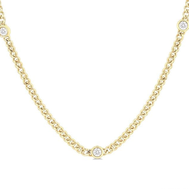 Round Shape Bezel Curb & Cuban Station Diamond Necklace