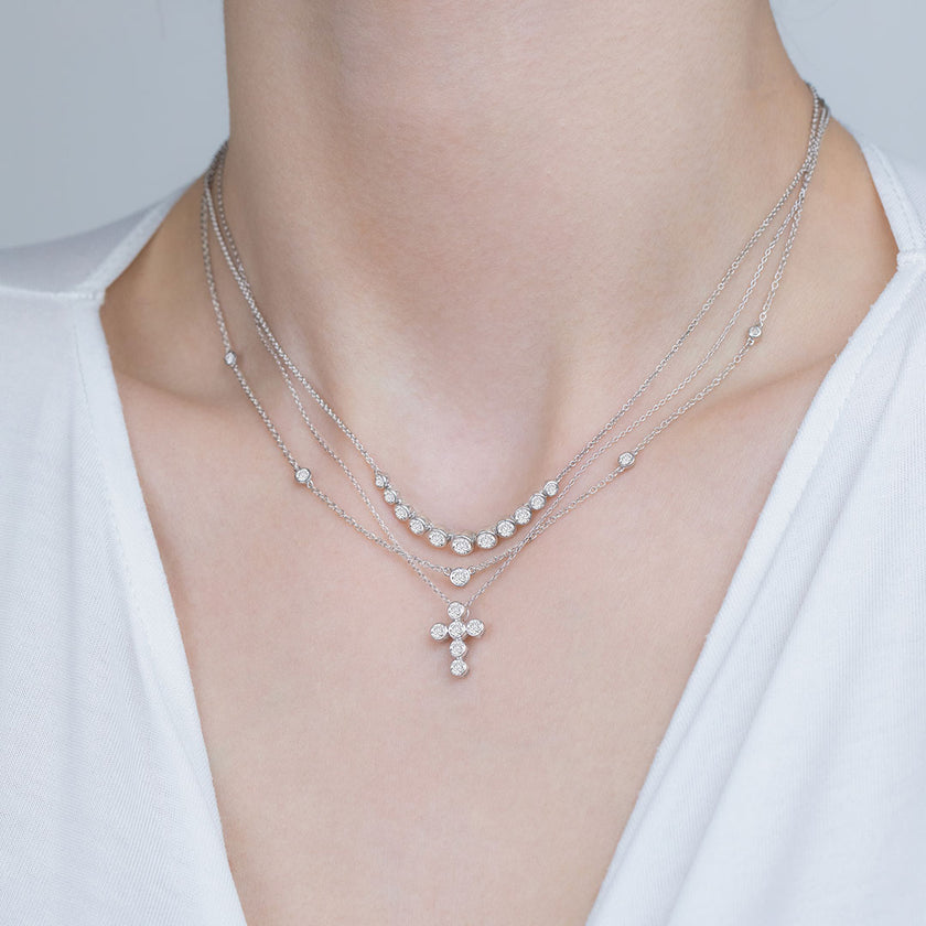 Round Cut Diamond 6-Stone Bezel Set Cross Pendant With Chain in 14K White Gold